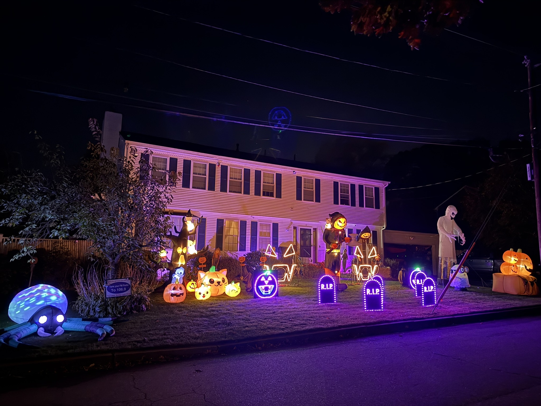 Lewis Halloween light show at night — 12 Shenandoah Road, Warwick RI
